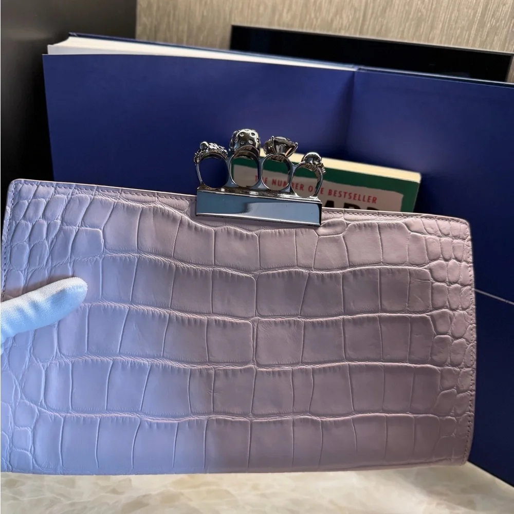 Alexander McQueen Pale Pink Croc-Embossed Knuckle Clutch